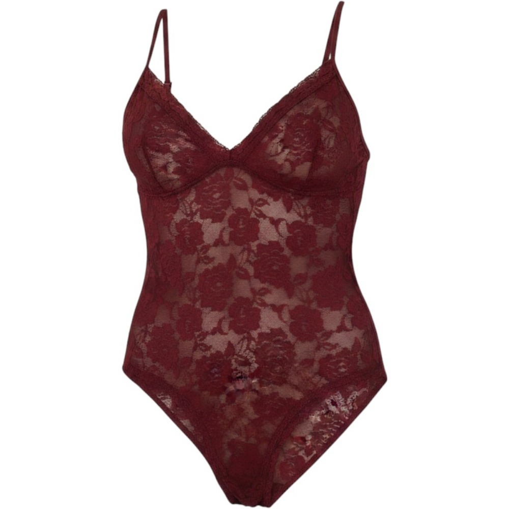Forever 21 Burgundy Floral Lace Bodysuit Sheer Rose Red Lingerie